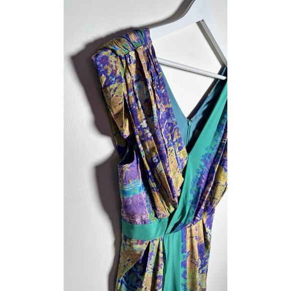 Tibi New York‎ Size 8 100% Silk Dress V-Neck Faux Wrap Teal Watercolor Dress - Picture 4 of 10